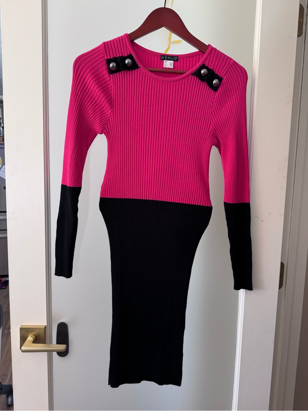 VENUS Hot Pink and Black Ribbed Long Sleeve Dress with Shoulder Buttons
